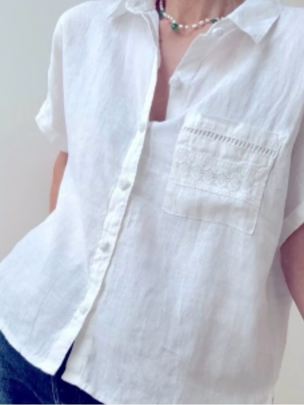 Joie Short-Sleeve Linen Button-Down Top with Embroidered Details | Size Large